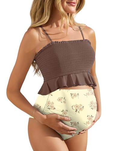 Image of Summer Mae Maternity High Waist Swimsuit Ruffle Hem Bikini Bathing Suit Shirred Bandeau Two Piece Pregnancy Swimwear