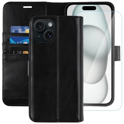 Housse portefeuille iPhone 15 noir coque protection écran 6,1"