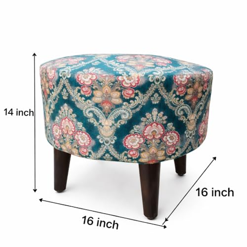 Image of Foot Rest Ottoman Teal Floral Damask (1 Seater Footrest, Sheesham Wood, Black) Ottoman, Stool, Wooden Stool, Footrest, Pouffe, Seating Stool, Living Room Stool