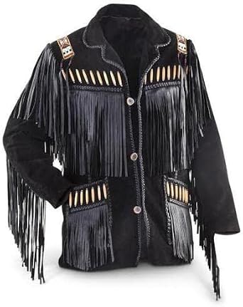 Men Native American Western Cowboy Leather coat Suede Fringe & Beaded jacket - Black