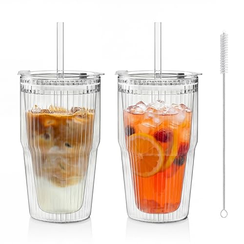 KEMORELA 16oz Ribbed Double Wall Glass Cups with Lid and Straw 2PCS, Coffee Bar Accessories，Insulated Borosilicate Glass Tumblers, To Go Iced Coffee Cups, Spill proof tumbler,tumblers & water glasses