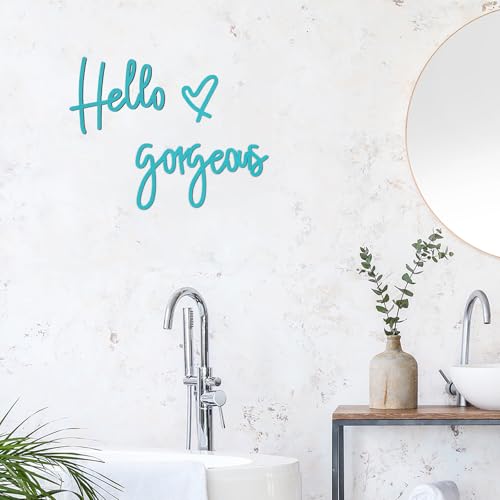 Image of Blulu Hello Gorgeous Wall Decor Sign Hello Gorgeous Wall Art Minimalist Wooden Words Decor for Lash Room, Salon, Vanity or Makeup Room, Bathroom, Bedroom, Office(Blue)