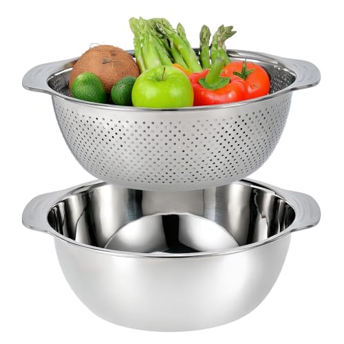 Versatile 3.5 Quart Kitchen Colander Set with Handle, Micro-Perforated Strainer for Pasta, Rice, Vegetables, Fruits, Heated 18/10 Stainless Steel Mixing Bowl for Salad, Cooking, Baking