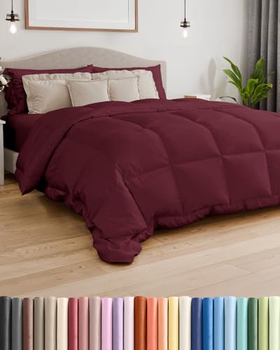 Image of Queen Size, Burgundy Alternative Down Comforter - Warm, Lightweight & Breathable Hotel Quality Bedding Set for Men, Women, Kids & Teens - All Season Oversized Cooling Microfiber Duvet Insert Comforter