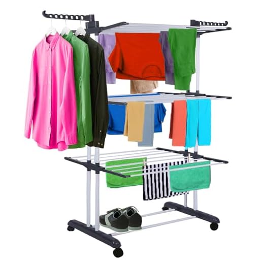 CORIBI Etendoir Linge, 4 Niveaux Grande Sechoir a Linge Pliable avec Roues, Acier Inoxydable,Seche Linge Etendoir pour Intérieur et Extérieur, Couleur Gris