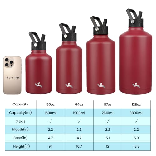 Image of Konokyo Gallon Insulated Water Bottle with Straw,128 oz 3 Lids Water Jug with Carrying Bag,Paracord Handle, Double Wall Vacuum Stainless Steel Metal Flask,Dark Red
