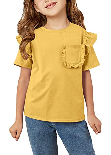 Kingdenergy Girls Summer Cute T Shirt Short Ruffle Sleeve Basic Soft Casual Plain Tunic Tops Tees Yellow #TOP7
