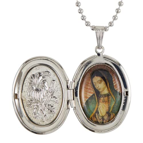 Our Lady Of Guadalupe Silver Tone Locket Necklace For Women, Engraved Floral Design Oval Pendant Photo Charm With Full Color Image Inside, Religious Catholic Jewelry Gifts, 22 Inches #TOP24
