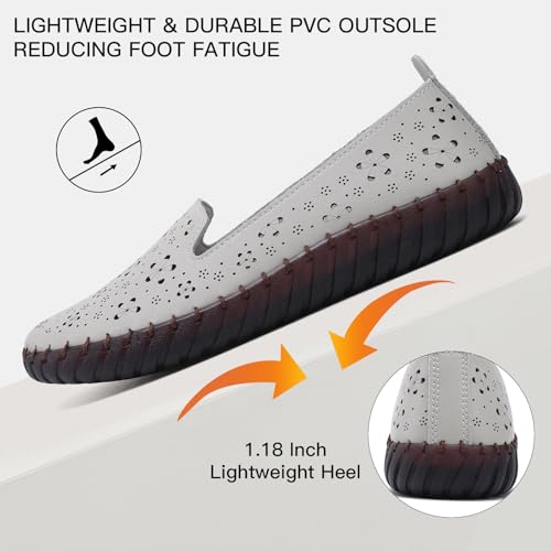 Image of Women's Summer Slip On Loafers, Breathable Perforated Hollow Cutout Flats, Comfortable Vegan Leather Walking Work Shoes for Women, Heart Floral Geometric Pattern Soft Sole Casual Summer Footwear