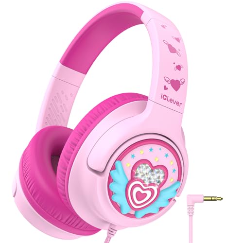 Image of iClever C371 Kids Headphones with Cord for School Boys Girls Travel Gift | SafeSound Tech3.0, Stereo Sound, 3.5mm Jack, Foldable, Durable Headband, Safe Wired Headphones for Kids, Macaron Pink
