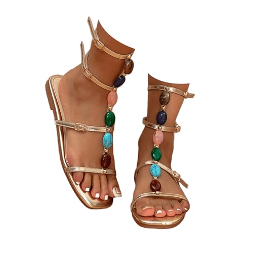Women's Jewelled Flat Gladiator Sandals, Open Toe Buckled Stylish Summer Party Club Shoes, Gold T-strap Sandals Open Toe Summer Strappy Sandals