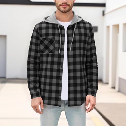 Button Down Shirt Men Casual Plaid Flannel Shirt Jacket Regular Fit Long Sleeve Shirts Checkered Fall Jacket with Hood2