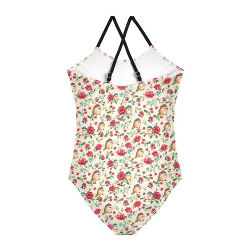 senya Girls Swimsuits One-Piece Swimwear Tie Bathing Suit Beach Summer Round Neck 7-8T Rose Hedgehog Pattern2