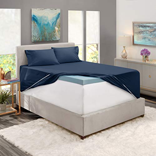 Image of Nestl Full Bed Sheet Set - Navy Blue - 4-Piece Extra Deep Pocket | Instantly Soft, Night-One Ready (No Wash Required). Fits Extra Deep Pockets up to 24 Inches, 360-Degree Elastic Grip