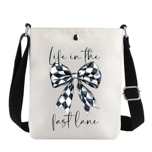 G2TUP Race Day Crossbody Bag Racing Gifts Checkered Flag Bow Gift Life In The Fast Lane Race Lover Shoulder Bag