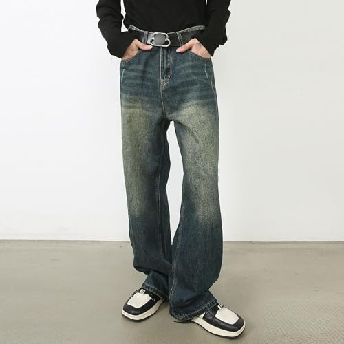 Men's Classic Wide-Leg Baggy Jeans Vintage Relaxed Fit Long Denim Pants Elastic Waist Straight Leg Jean (Large,Retro Bluee4)2