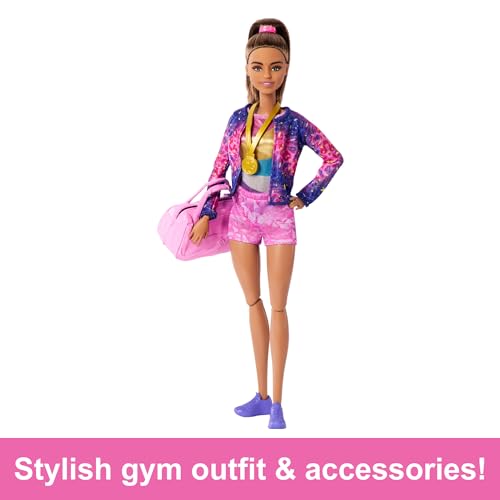 Barbie Gymnastics Doll & Accessories, Playset with Brunette Fashion Doll, C-Clip for Flipping Action, Balance Beam, Warm-Up Suit & More, HRG53 - Image 3