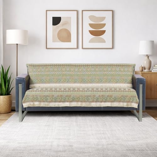 Image of Elegant Woven Green Sofa Cover - Soft Chenille Traditional Pattern with Lace Style | L-Shape Sectional Seat Protector for Living Room | Durable & Stylish Slipcover 3 Seater Sofa