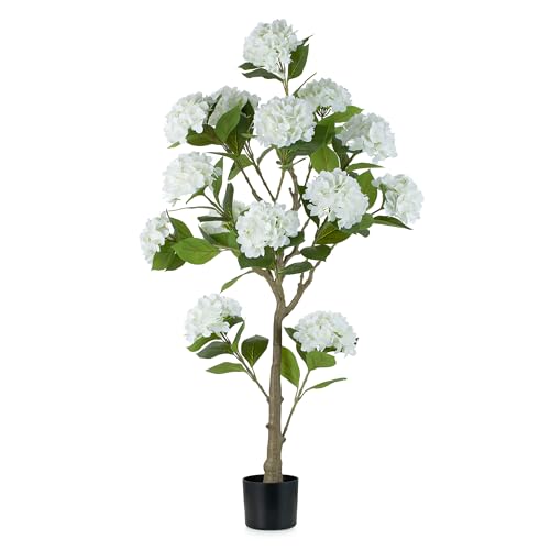 BLOSMON White Hydrangea Artificial Trees: 5ft Fake Silk Plants for Home Living Room Decor Indoor - Real Touch Faux Hydrangeas with Pot for Front Door Porch Patio Entrance Decoration