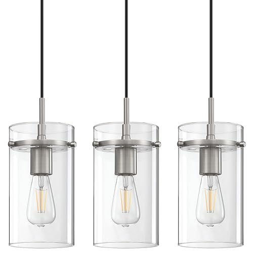 Doraimi Lighting Modern Farmhouse Kitchen Island Hanging Pendant Light Fixture,Clear Glass Chandelier Shade for Over Sink Dining Room Bedside Hallway (5.45" Glass Brushed Nickel Cord, 3 Pack)