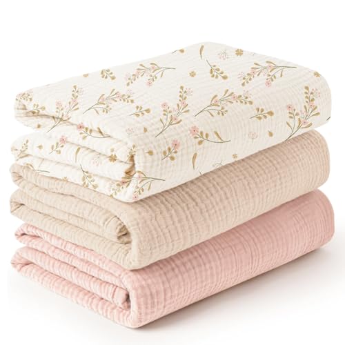 Image of Konssy 3 Pack Muslin Swaddle Blankets for Unisex, Newborn Receiving Blanket, Large 47 x 47 inches, Soft Breathable Muslin Baby Swaddles for Boys & Girls