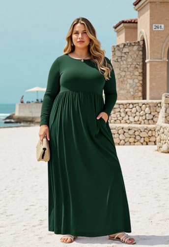 Image of Nemidor Plus Size Maxi Dress for Curvy Women Fall Casual Loose Long Sleeve Dresses with Pocket 14-26