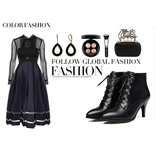 Women's Fashion Stiletto Kitten Heel Ankle Boots Pointy Toe Lace Up Zipper Booties Dress Short Boot4