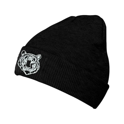 Tiger Black Beanie Hat for Men Women Embroidered Knit Winter Beanies Cap