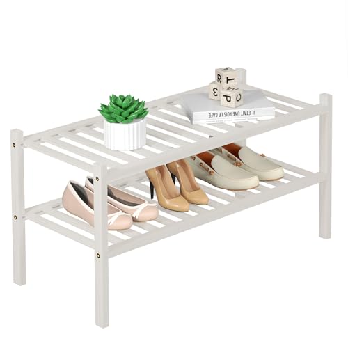 2 Tier Bamboo Shoe Rack for Closet Free Standing Wood Shoe Shelf for Entryway Small Space Stackable 27"x11"x13" (White)