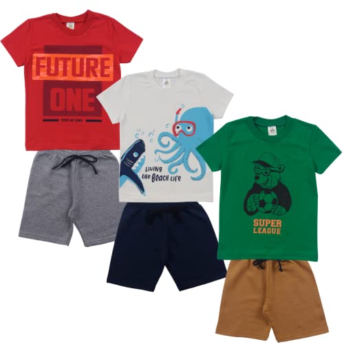 Kit Sortido 10 Peças de Roupas Infantil Menino- 5 Camisetas + 5 Bermudas - Kit com 5 Conjuntos de Ro