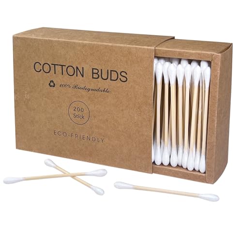 eyxformula Wooden Cotton Swabs Sustainable Bamboo Sticks & Soft Tips Natural Organic Cotton Buds for Ear Cleaning Makeup Removal Craft Projects Personal Care Pet Care Household Use (200 Count)