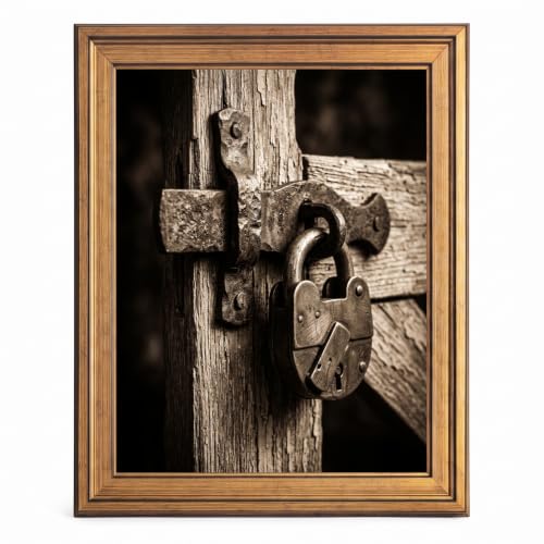 Framed Canvas Wall Art Vintage Country Padlock Sepia Tone Rustic Iron Latch Wood Gate Canvas Print Poster Gold Frame Wall Decor for Living Room Office Rustic Artwork, Antique Decor - Inch 12x16