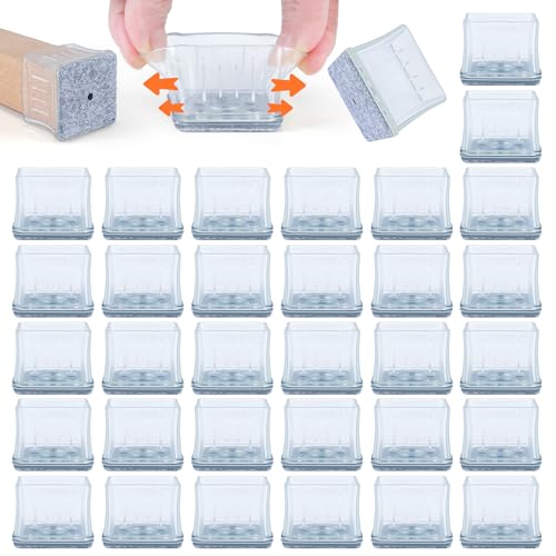 VABNEER 16 Piezas Protector Patas Sillas, 24-29mm Cuadradas Transparentes Silicona Protector Sillas Patas con Almohadillas de Fieltro, Junta de Metal incorporada