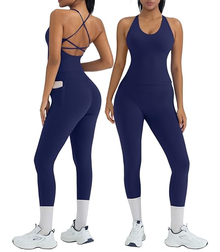OMKAGI 2 Piece Workout Sets for Women Padded Workout Tops Booty Leggings with Pockets Gym Sets (S,445-Navy Blue)