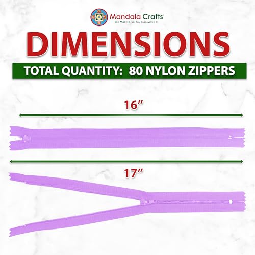 Image of Mandala Crafts 80 PCs Lilac Closed-End 16 Inches Nylon Zippers for Sewing