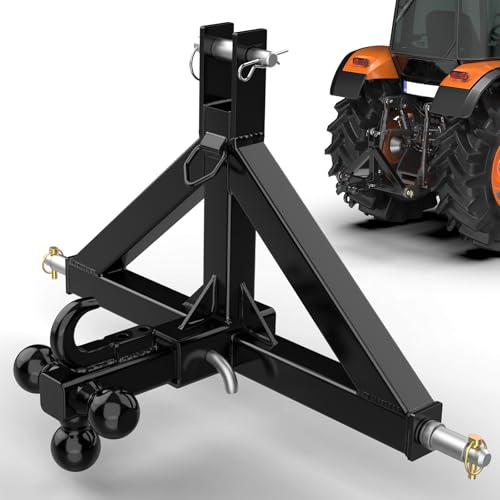 3 Point 2 Trailer Hitch Receiver and Towing Ball Hitch with Hook Heavy Duty Tractor Drawbar 3 Pt Quick Hitch Attachment for Kubota John Deere Category 1 Subcompact Tractor Farm Equipment(Black)
