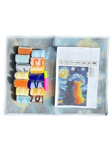 Image of GLAECYY Latch Hook Kits Rug Crochet Yarn Kit Cushion Colour Pre-Printed Canvas Rug Needlework DIY Hook and Latch Kit (Star Cat)