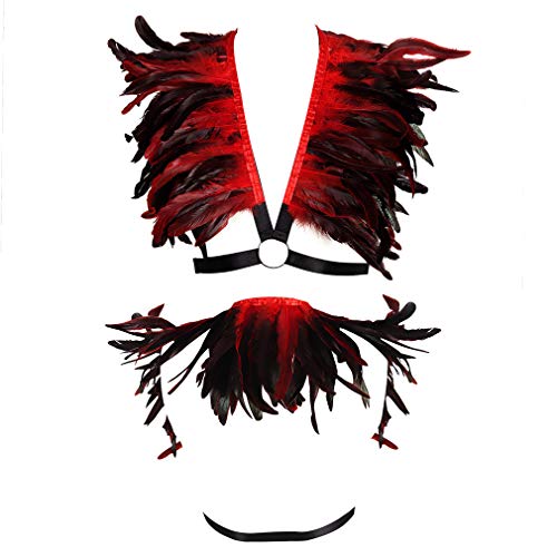 Feathers epaulets Men's body harness Top chest strap Punk gothic Stretchy fabric Adjustable size belt Burning Man2