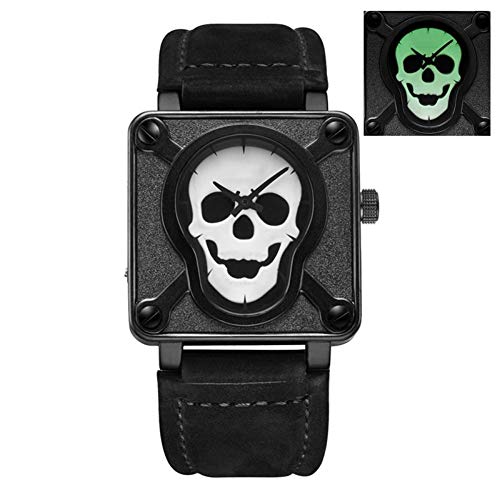 Preisvergleich Produktbild MLSJM Herren Domineering Schädelkopf-Quarz-Uhren, Persönlichkeit Sport Freizeit-Wasserdicht Leuchtendes Armbanduhr, PU-Lederband, Grau