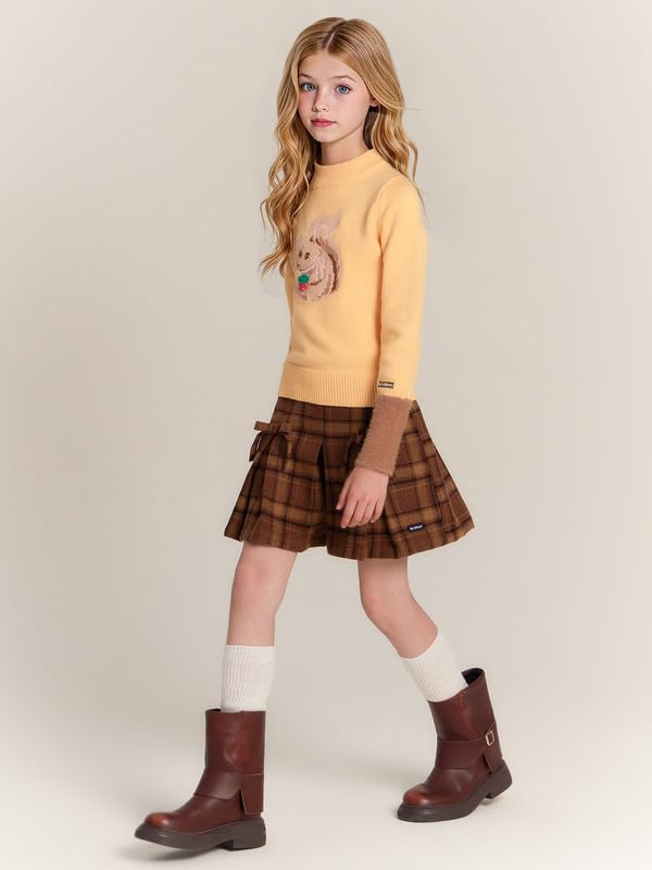 Girls Knit Shirts for Squirrel - Yellow Long Sleeve Top with Strawberry Embroidery & Fuzzy Sleeves 6-16Y4