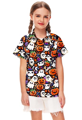 Image of Remimi Unisex Kids Halloween Shirt Boys Pumpkin Ghost Shirts Hawaii Button Up Tops 5-14 Years