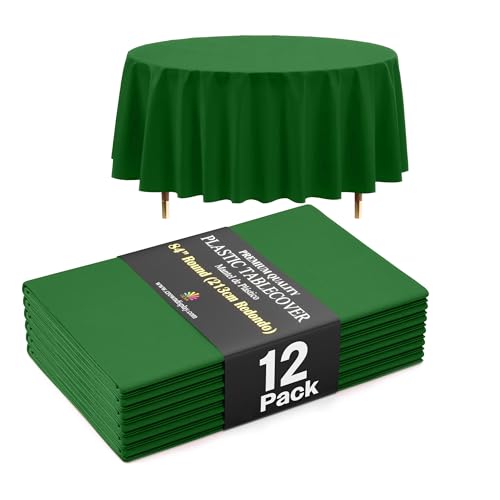 Image of Exquisite 66% Thicker Premium Emerald Green Round Tablecloth 0.5 Mil 12 Pack Plastic Table Cloth Disposable 84 Inch Round Plastic Tablecloth Won't Tear Easily Like Cheap Thin Brands