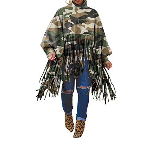 Remelon Womens High Neck Long Sleeve Fringe Top Plus Size Tassel Poncho Oversized Sweatshirt Camouflage #TOP8