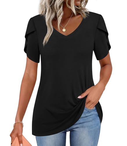 Image of CATHY 2026 Women Tops Summer Short Sleeve Tunic V Neck T-Shirts Loose Casual Floral Blouse S-4XL