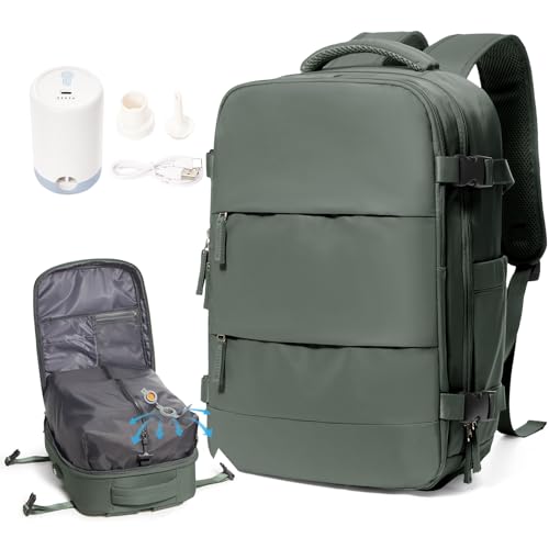 UPPACK Mochila de viagem a vácuo para mulheres e homens, bolsa de viagem com itens pessoais aprovados por voos, Verde oliva, S-no pump, Viagens