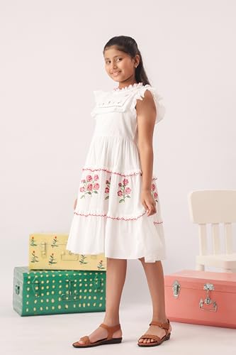 Image of Kids Girls Printed Embroidered Fusion Dress | Handmade Crafted Designer Ethnic Wear | 100% Cotton