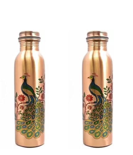 Image of ANARO Pure Copper Water Bottle with No Joint and | Leak Proof & Rust Proof I Copper Bottle for Home, School & Office | Matte Finish (Peacock, 2)