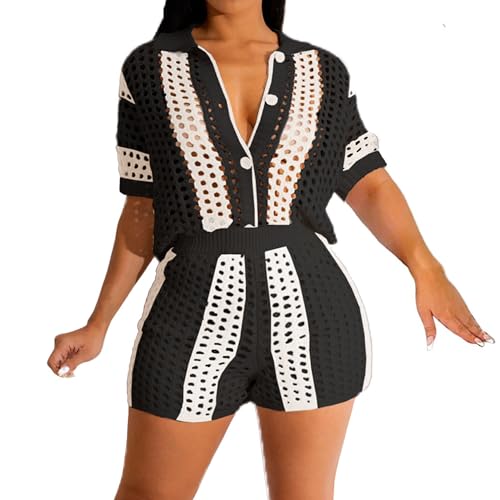 VOIKERDR Women 2 Piece Outfits Knitted Shorts Set Beach Vacation Outfits Short Sleeve Button Down Shirt and Shorts Summer Sets