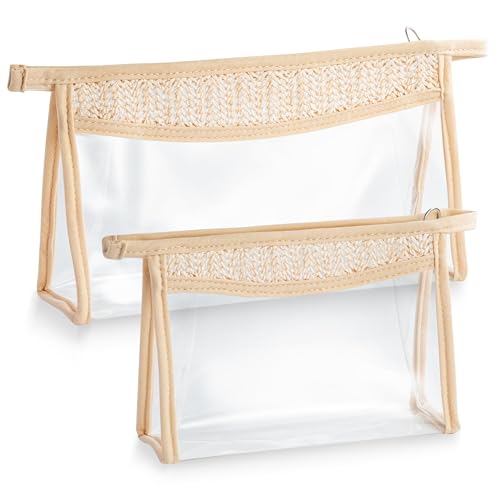 Belanttega Boho Patch Cosmetic Bag - Summer Beach Swimming Pool Toiletry Makeup Bag Beige Clear Waterproof Travel Makeup Pouch PVC Zipper Clutch Daily Use Purse Summer Beach Gifts for Women Girls