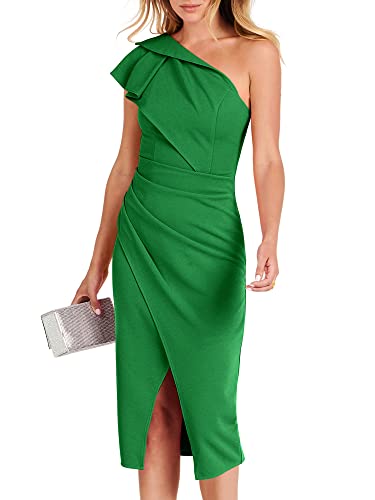 ANRABESS Women's One Shoulder Cocktail Midi Dress Sleeveless Elegant Ruffle Wrap Ruched Bodycon Formal Wedding Guest Dresses Grass Medium